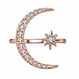 ASFKIPMF AAA Cubic Zirconia Big Moon and Sun Star Ring 925 Sterling Silver Opening Ring Crescent Shape Rhinestone Finger Band Half Moon Sun Star Artificial Diamond Inlay Engagement Ring(Rose Gold)