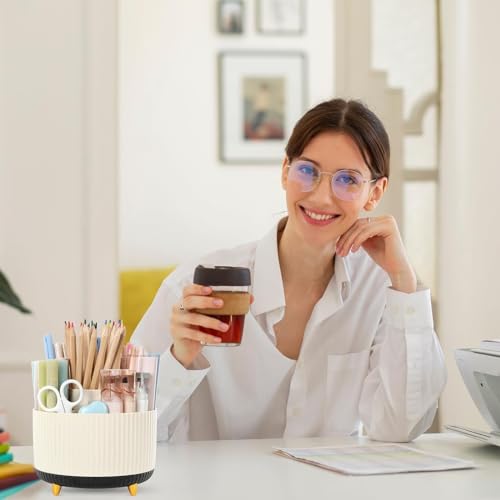 Image of SKYDUE 360 Degree Rotating Desk Organizer, Dual-Purpose Pencil Pen Holder for Desk, Rotating Desk Pen Organizer with 5 Slots, Pencil Cup for Office, School, Home (Beige-Black)
