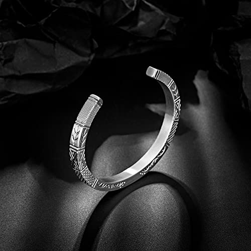 Murtoo Mens Viking Bracelet, Stainless Steel Open Cuff Bangle Bracelets For Men With Inspirational Handmade Carved (Silver, 9 Inch) #TOP3