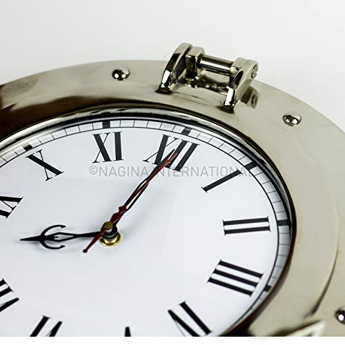 Nagina International Silvery-White Lustrous Aluminum Metal Nickel Coated Premium Nautical Porthole Roman's Time Clock | Pirate's Wall Decor Accent (12 Inches, Clock) #TOP4