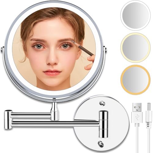 La Mejor Selección de Espejos de aumento de pared los mejores 10. 48 BAYLOVE Espejo de Maquillaje Montado en Pared 8 Pulgadas, Espejo de Aumento Double Cara 1X/10X, 3 Luces LED Regulables, 360° Rotación, Brazo Plegable y Extensible, Carga USB,...