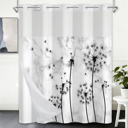 No Hook Bathroom Shower Curtain with Snap in Liner, Black