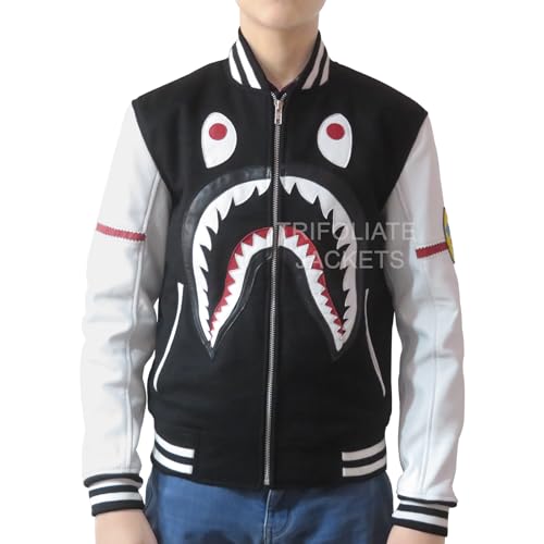 Trifoliate Boys Varsity Jacket – Youth Black Lightweight Applique Shark Mouth Design Real Leather Sleeves Jacket For Kids