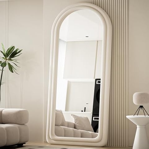 Koonmi 71"x32" Arched Mirror Full Length, Full Body Freely Standing Mirror, Flannel Floor Mirror with Stand for Bedroom, Living Room, Hanging or Against The Wall, White Cover