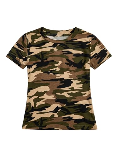 Image of WDIRARA Girl's Camo Print Short Sleeve T Shirt Crew Neck Tee Casual Top