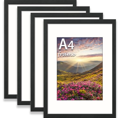 wyewye A4 Frame, A4 Picture Frame for Self-Supporting and Wall Mount, Photo Frame with Plexiglass and Mount, Solid Wood, Black, Pack of 4