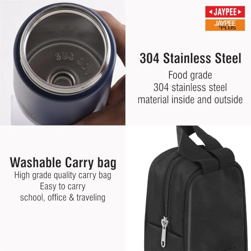 Image of Jaypee Plus Nutri Jar Stainless Steel Vacuum Insulated Food Jar With Bag & Spoon|Hot And Cold Thermal Flask|Double Walled Scratch Resistant Ideal for Office, School, Gym & Travelling | 550 ml, Blue