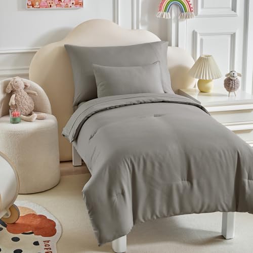 Image of Kids Comforter Sheet Set - Soft and Breathable Bed Set Includes Quilted Comforter, Fitted Sheet, Flat Top Sheet, Pillowcase and Toddler Pillowcase for Toddler - 5 Pieces Toddler Bedding Dark Gray