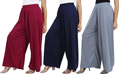 Image of Buy That Trendz M to 4XL Cotton Viscose Loose Fit Flared Wide Leg Palazzo Pants for Women Maroon Navy Grey Combo Pack of 3 XXXX-Large