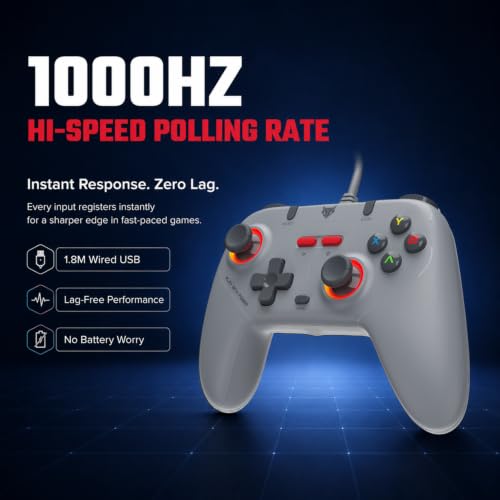 Image of EvoFox Elite S Gaming Controller for PC, 1000Hz Polling Rate, Hall Effect Joysticks, Programmable Macro Buttons, Sniper Mode, Turbo & Auto Turbo Mode, Dual Vibration, RGB Lighting, 1.8m Cable, Grey