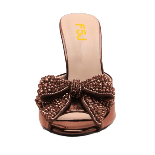 FSJ Women Luxury Crystal Chunky Heeled Mules Rhinestone Bow Peep Toe Slip On Backless Gem Slide Sandals Summer Slipper Shoes Size 4-15 US3