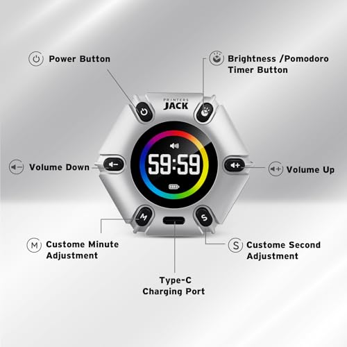 Image of Printers Jack Pomodoro Timer - Productivity Cube, Visual Focus Timer, Mute & Vibration & Adjustable Sound Alert, for Office, ADHD, Study, Work, 3 /5 /10 /25 /30 /60min & Custom Countdown - Silver