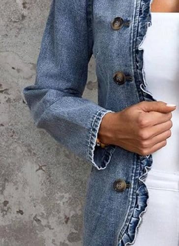 Women's Elegant Ruffled Denim Collarless Jacket Double Breasted Side Pocket Jean Coat 2025 Spring Casual Fashion Outwear3