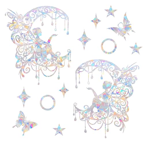 Image of 21PCS Fairy and Moon Window Clings - Anti-Collision Decals to Save Birds, Non-Adhesive Prismatic Vinyl Clings, Rainbow Stickers