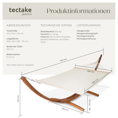 tectake® XXL Outdoor Hängematte für 2 Personen, Doppelliege mit Gestell, Liegefläche 205x150 cm, Belastbarkeit max. 200 kg, Gartenschaukel, Möbel für Balkon, Garten und Terrassen 6