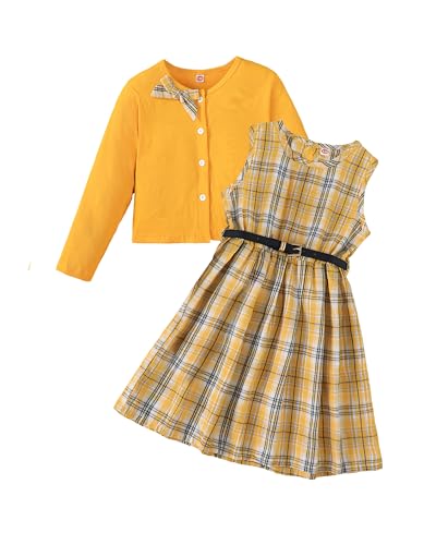 PureChapter Girls 2 Piece Outfits Preppy Clothes Plaid Vest Dress Cardigan Jacket Belt Cute Kids Clothes