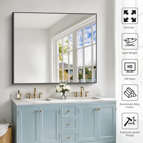 Image of COFENY 40x48inch Black Bathroom Mirror, Black Rectangle Mirror with Frame, Large Rectangular Wall Mirrors for Bathroom, Living Room, Hair Salon, Big Farmhouse Mirror Hang Horizontal /Vertical