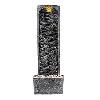 Teamson Home 38.5" Faux Slate Contemporary Outdoor LED Waterfall Fountain with Pebble Base, Gray/Black