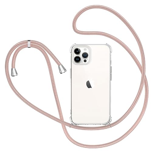 PuYu Zhe Funda Para IPhone 15 Pro,Ajustable Collar Correa De Cuello Cordón Carcasa Caja Silicona TPU Bumper Caso-Rose Oro