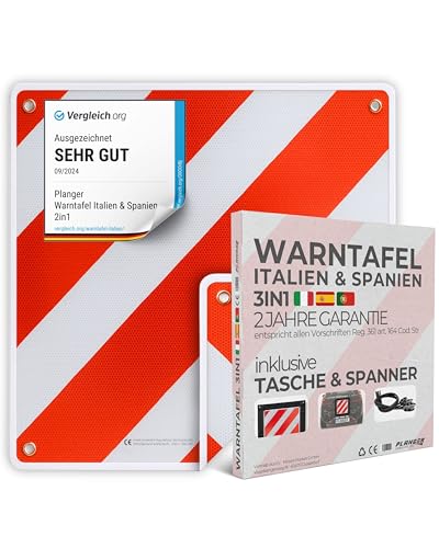 PLANGER® - Warntafel Italien und Spanien u Portugal 3in1 (50 x 50 cm) (Schild + Tasche + Spanner) - Reflektierendes Warnschild rot weiß für Heckträger u Fahrradträger