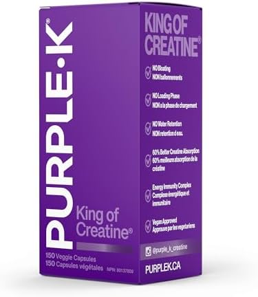 PURPLE-K King of Creatine Capsules for Muscle Growth, Enhance Strength & Performance, Up to 60% Better Creatine Absorption, No Bloating, No Loading and No Subdermal Water Retention with the Inclusion of the Energy Immunity Complex- 150 Veggie Pills