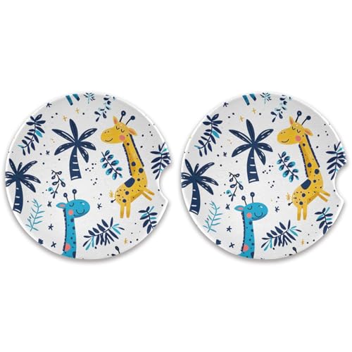 SKYSHU Juego de 2 posavasos redondos de jirafa para bebidas, soporte de taza de cerámica absorbente con base de corcho y agarre para la punta de los dedos para una fácil limpieza en movimiento, 2.5