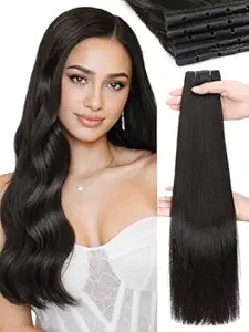 WIGNEE Natural Black Double Invisible PU OVO Human Hair Extensions 100% Remy Human Hair Bundles 18 Inch Genius Glueless Weft Hair Extensions Human Hair