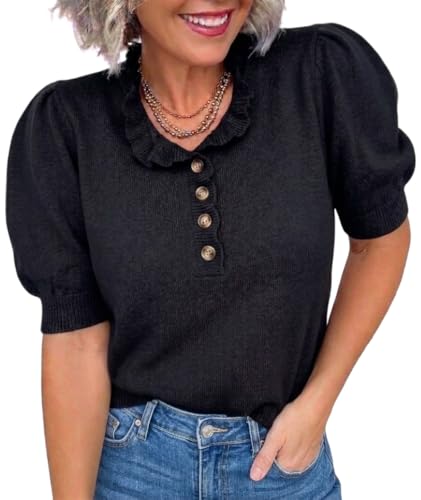 MONORA Short Sleeve Sweater for Women Trendy Pullover Knit Tops 2026 Ruffle Crewneck Puff Sleeve Spring Summer Fashion Lightweight Business Casual Outfits Black