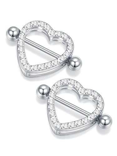 Oveta 14G Surgical Steel Nipple Rings Internally Threaded Nipple Piercing Jewelry Long Barbells 14mm for Women, Heart White Rhinestone, 2PCS