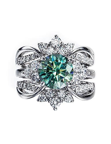 CannyCat Fancy Vivid Blue Green Moissanite Wedding Band Ring Set for Women 4.2 cttw Moissanite Engagement Rings Platinum-Plated Sterling Silver Wrap Guard Enhancers Anniversary Bridal Sets (size-5)