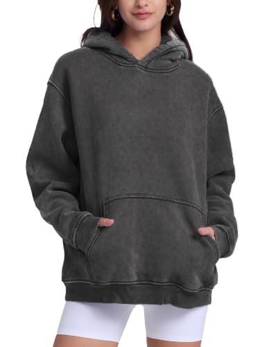 Image of FAIABLE Womens Oversized Acid Wash Hoodie Unisex Heavyweight Fleece Cotton Hoodies Vintage Washed Sweatshirt for Women