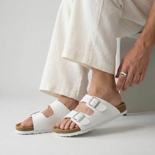 Image of CUSHIONAIRE Lane Cork Footbed Mens Sandals, Adjustable Buckle Comfort Slides for Men, Genuine Leather Insole Summer Sandals Men Footwear
