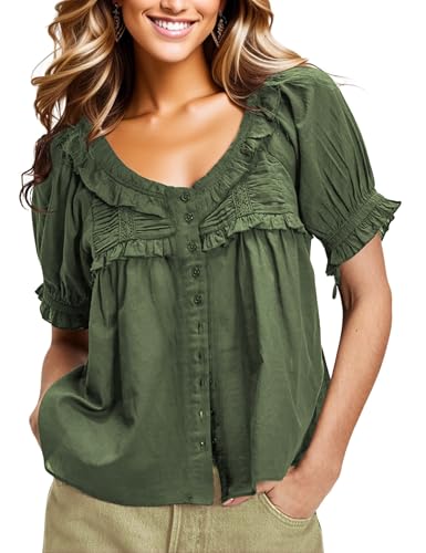 Womens 2025 Summer Trendy Ruffled Top Shapeless Billowy Tunic Swing Blouse with Puff Sleeve