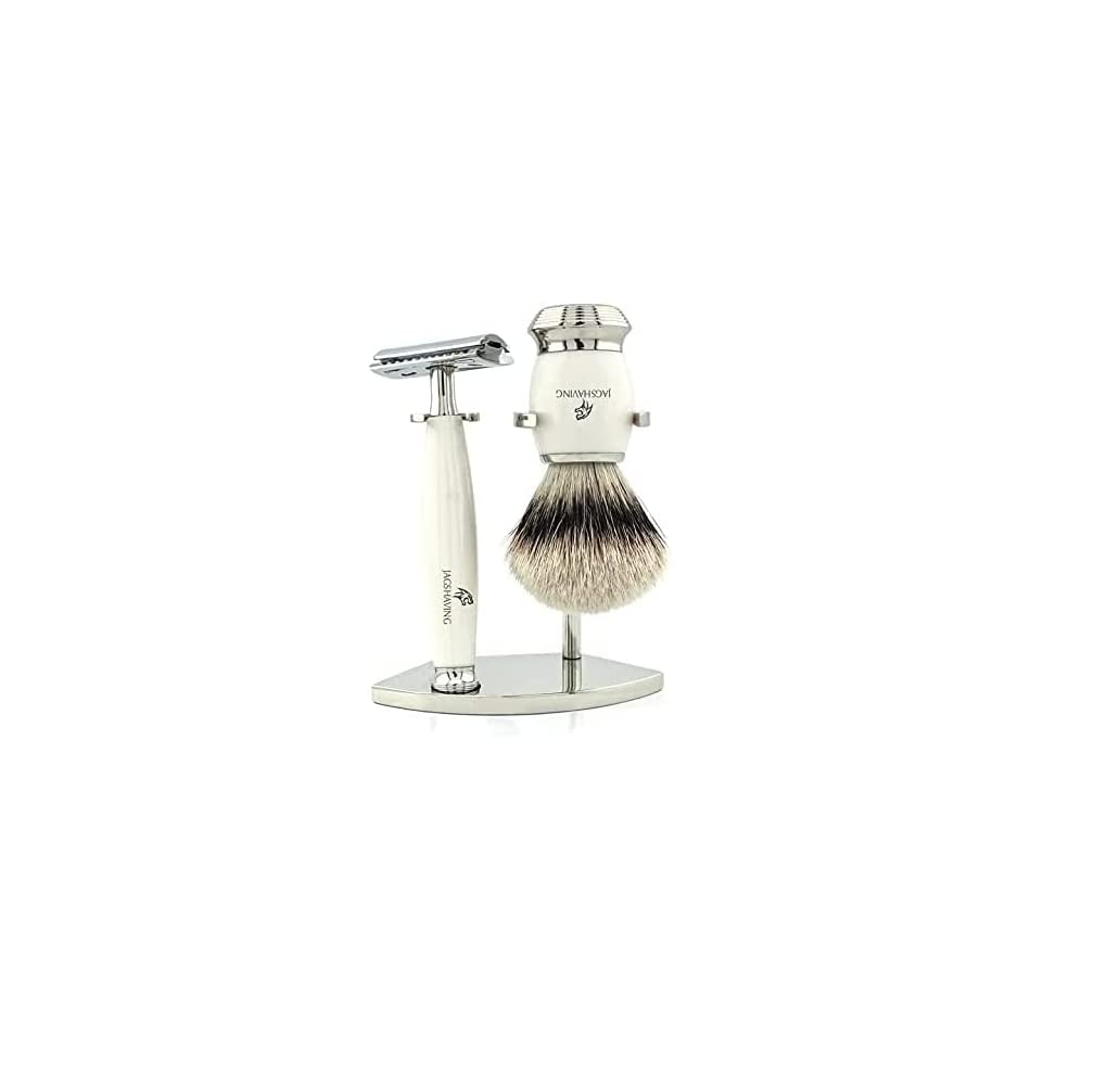 3-Kanten-Rasierset mit roter Dachshaarbürste und Edelstahl-Rasierständer von Jag Shaving
