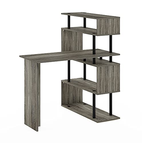 Image of Furinno Moore L Shape Computer Desk, 40 inch Wide Gaming Desk with 5-Tier S-Shaped Side Shelves, Office Desk, for Home Office, Study, Gaming, Grey Oak