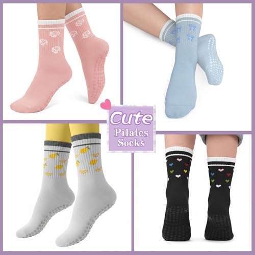 Image of Pilates Socks for Women, Non Slip Grip Socks for Yoga, Barre, Hospital, Grippy Socks Womens Gifts, 4 Pairs