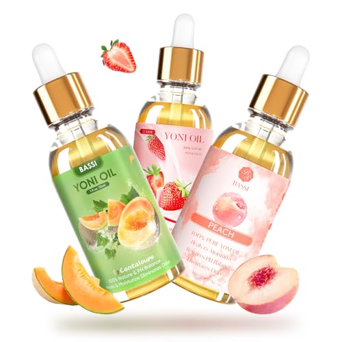 Image of BASSI 3 PCS Natural Yoni Oil for Women -Feminine Oil Vaginal Moisturizer - Reduces Odor, Restores pH Balance, Helps with Vaginal Itch, Herbal Yoni Blend with Strawberry Peach Hami Melon