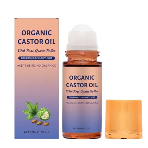 Orga-nic Castor Oil with Rose Quartz Roller,Castor Oil Roll On for Face Serum,Dark Spot Remover for Face,Brightening Serum,Skin Lightening Cream for Dark Skin,Anti Wrinkle Fa-ce Oil