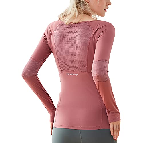 DREAM SLIM Womens Long Sleeve Workout Tops Stretchy Slim Fit Mesh Yoga Gym Running Sports Shirts with Thumb Holes (Pink, S)