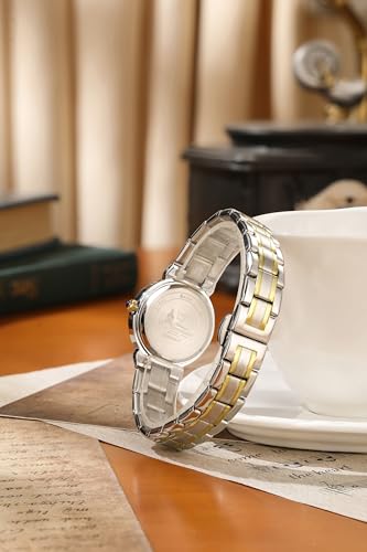 Image of London Fog Crescent Collection Analog Quartz Watch for Women - Round Textured Dial, Crystal-Studded, Diamond-Style Hour Markers, Stainless Steel Strap - LFW20005