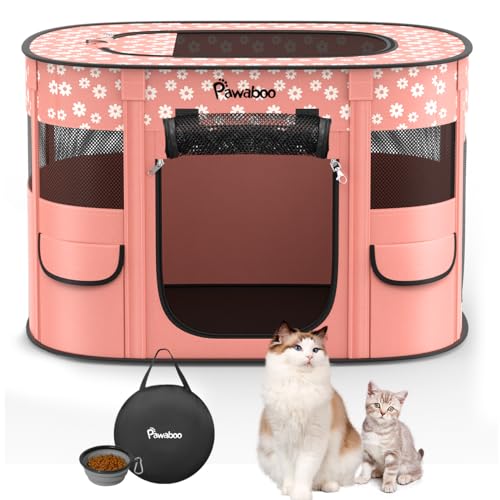 Pawaboo Gabbie per Animali Pieghevole, Recinto per Animali Domestici in Telo Oxford Impermeabile con Rete, Tenda da Gioco per Gatti Cani Cuccioli Portatile per Interno o Esterno, M, Fiori Rosa Chiaro