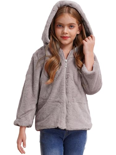 Kids Girls Lightweight Thermal Fleece Jacket Long Sleeve Hooded Coats Faux Fur Zip Up for Winter Casual Outerwear