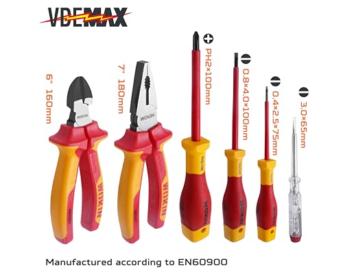 Wokin 6-in-1-Elektrowerkzeugset, isoliert, 180/160 mm, Elektriker-Schraubendreher, Schlitz-/Phillips-Schraubendreher, Spannungsprüfer, ideal für Profis