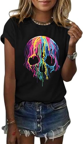Skeleton Halloween Shirt for Women Fall Spooky Season Doodle Graphic Short Sleeve Autumn Tops Blouse