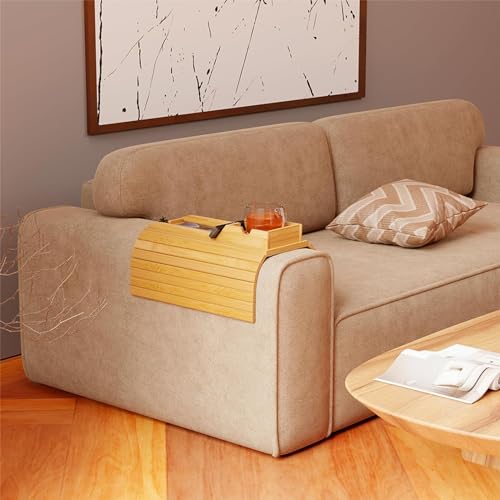 Image of Trendy Trays Bamboo Sofa Armrest Tray - 2 in 1 Couch Arm Tray with Detachable Couch Cup Holder - Anti-Slip Foldable Sofa Rectangular Table Tray - Holder for Drinks Cup Cellphone Remote Snacks, Beige