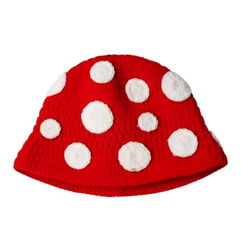 ComfyCamper Womens Red Knitted Mushroom Hat Costume White Spores Adults Mens Teen Cottagecore Cosplay Halloween OSFM