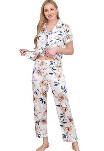 Image of WJing Yi Jia Womens Pajamas Set XS-4XL Floral Silk Satin Pajama Sets Silky Pj Sets 2Pcs Loungewear Sleepwear Button Down Pjs