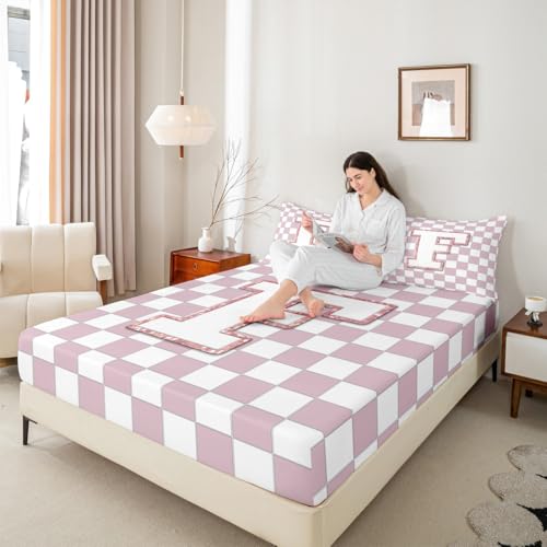 Image of Erosebridal Pink Initial F Sheet Set Full Kawaii Plaid Checkered Bed Sheets Cute Personalized Monogram Bedding for Kids Girls Teen Women,Fashion Grids Gingham Bed Sheets Set 4 Piece