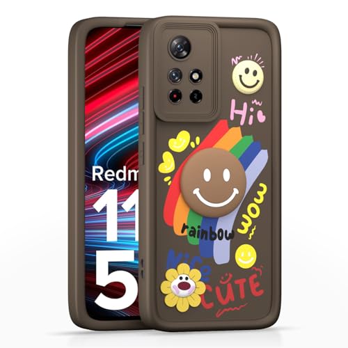 Image of Pikkme Back Cover for Redmi Note 11T 5G / Poco M4 Pro 5G | Soft Silicone| Cute Rainbow Smile & 3D Cartoon Flower Design | Shockproof Raised Camera Protection Bumper Case (Brown)