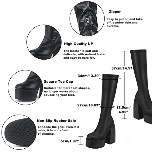 Vomira Knee High Boots For Women Vintage Square Toe Chunky High Heel Pull On Platform Mid Calf Boots Winter Waterproof Boots #TOP2